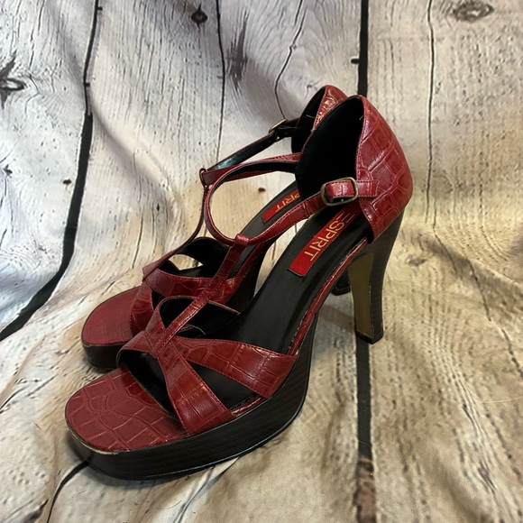 VTG Y2K Esprit Women’s Soprano Red Croc Strappy Square Open Toe 4” Heels Sz 8.5 - Picture 1 of 16